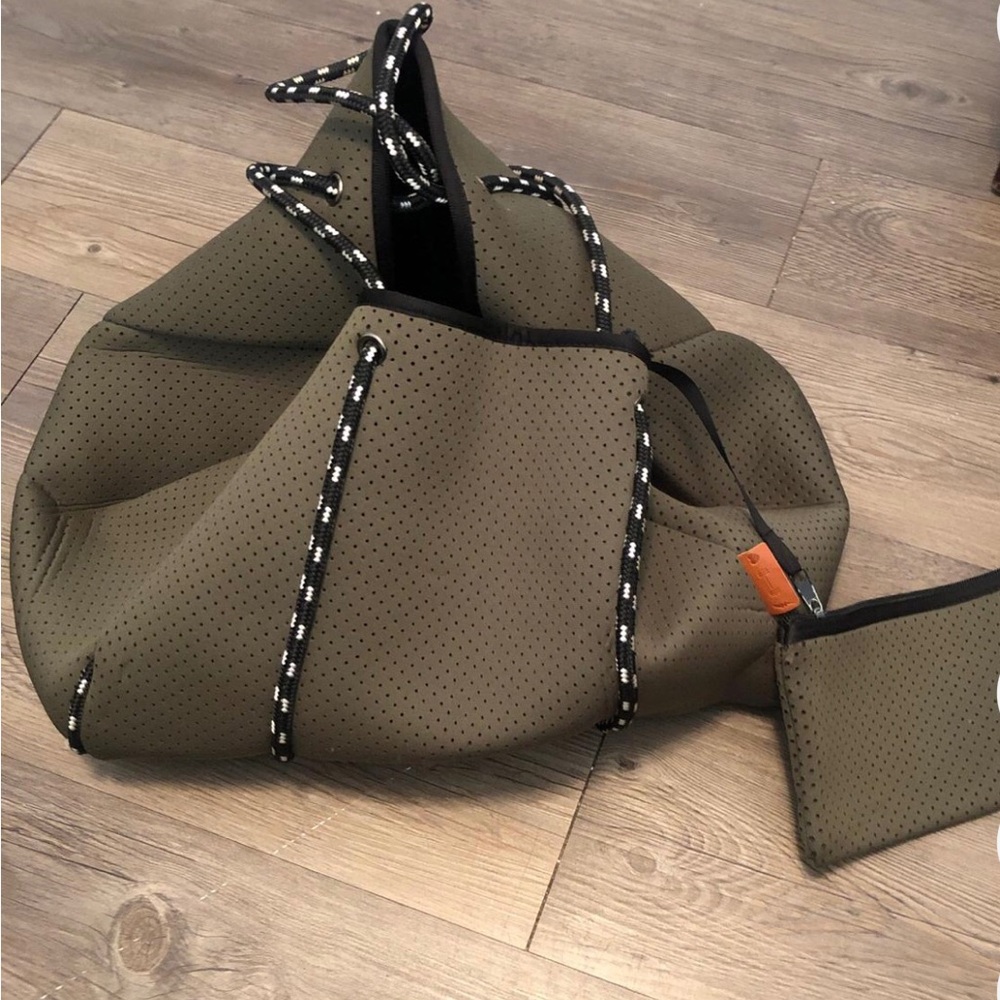 Olive Green Perforated Neoprene Tote Bag with Pouch